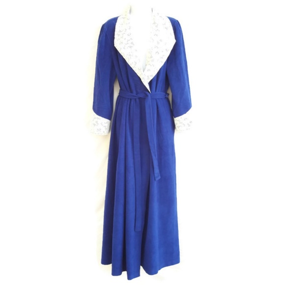 Vanity Fair Robe Gown Sleep Velour Lace Vintage Cobolt White Lace M
